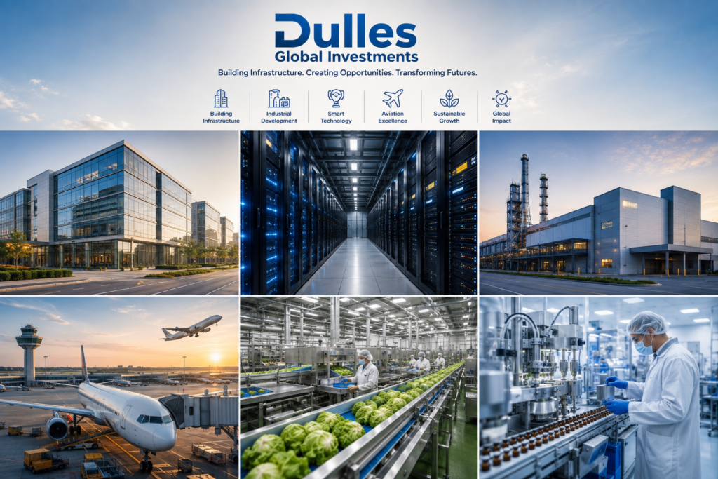 Dulles Global Investment infrastructure development featuring modern commercial buildings, data center, industrial manufacturing facility, aviation infrastructure, agro-processing industry, and pharmaceutical manufacturing.