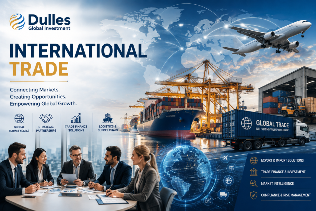 Dulles Global Investment International Trade featuring global logistics, container ports, cargo aircraft, international shipping, trade finance, and worldwide business partnerships.