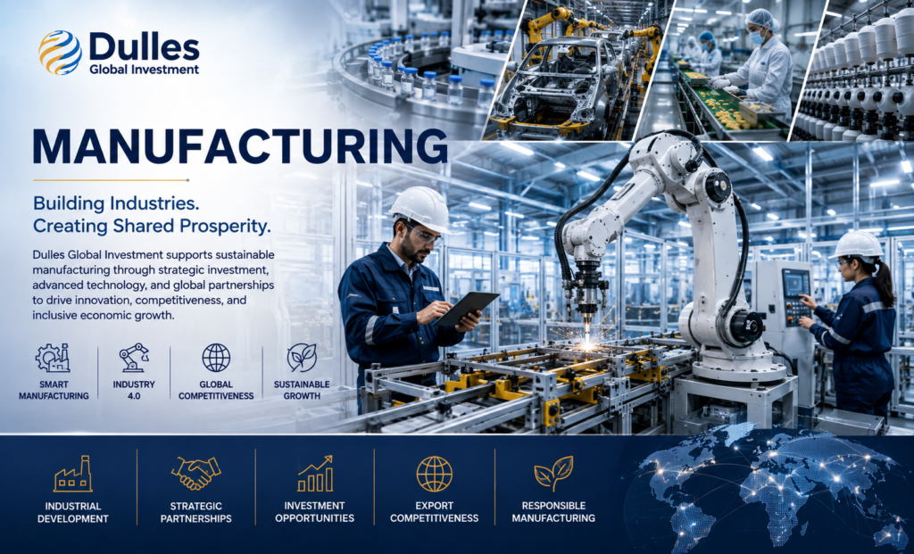 Dulles Global Investment Manufacturing featuring advanced manufacturing facilities, smart factory, pharmaceutical production, agro-processing, industrial automation, and sustainable industrial development.