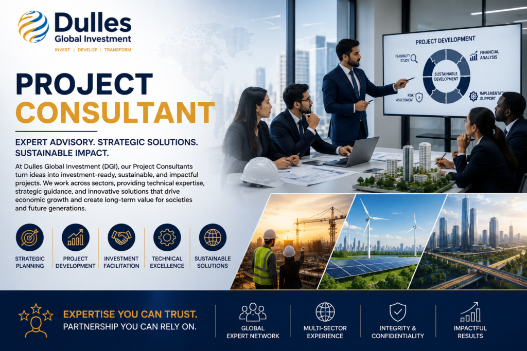 Dulles Global Investment Project Consultant leading project planning, infrastructure development, investment advisory, engineering collaboration, and strategic project management.