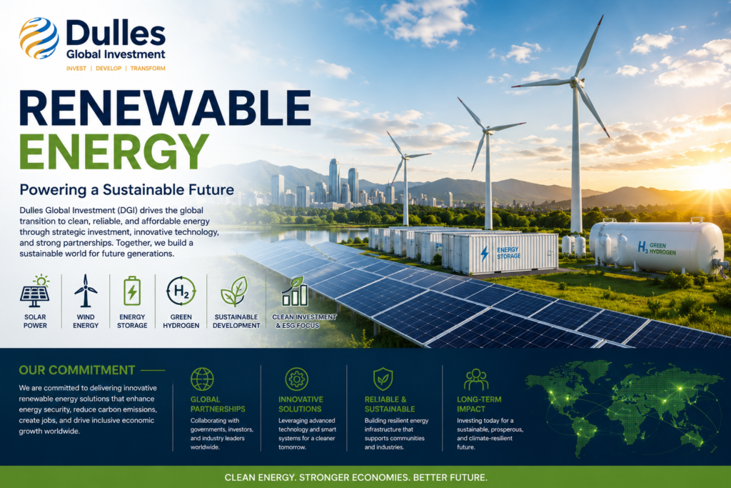 Dulles Global Investment Renewable Energy featuring solar farms, wind turbines, battery energy storage, smart grid infrastructure, green hydrogen technology, and sustainable clean energy development.